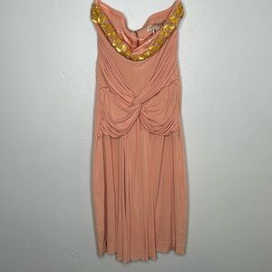 Mango Moments Vintage Y2K Peach Ruched Dress with Yellow Details